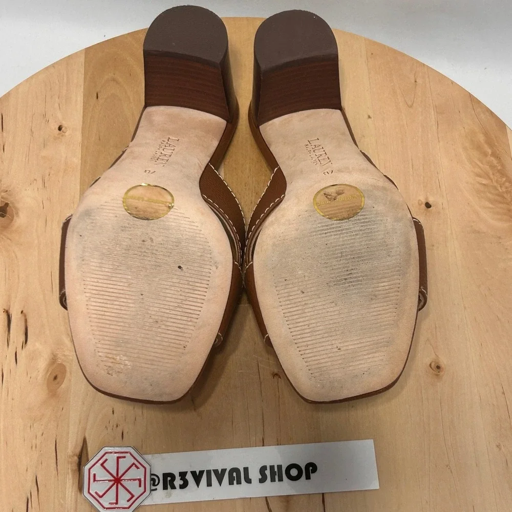LAUREN Ralph Lauren Women's Brown Leather Slip On Strappy Freddi Sandal- Size 7B